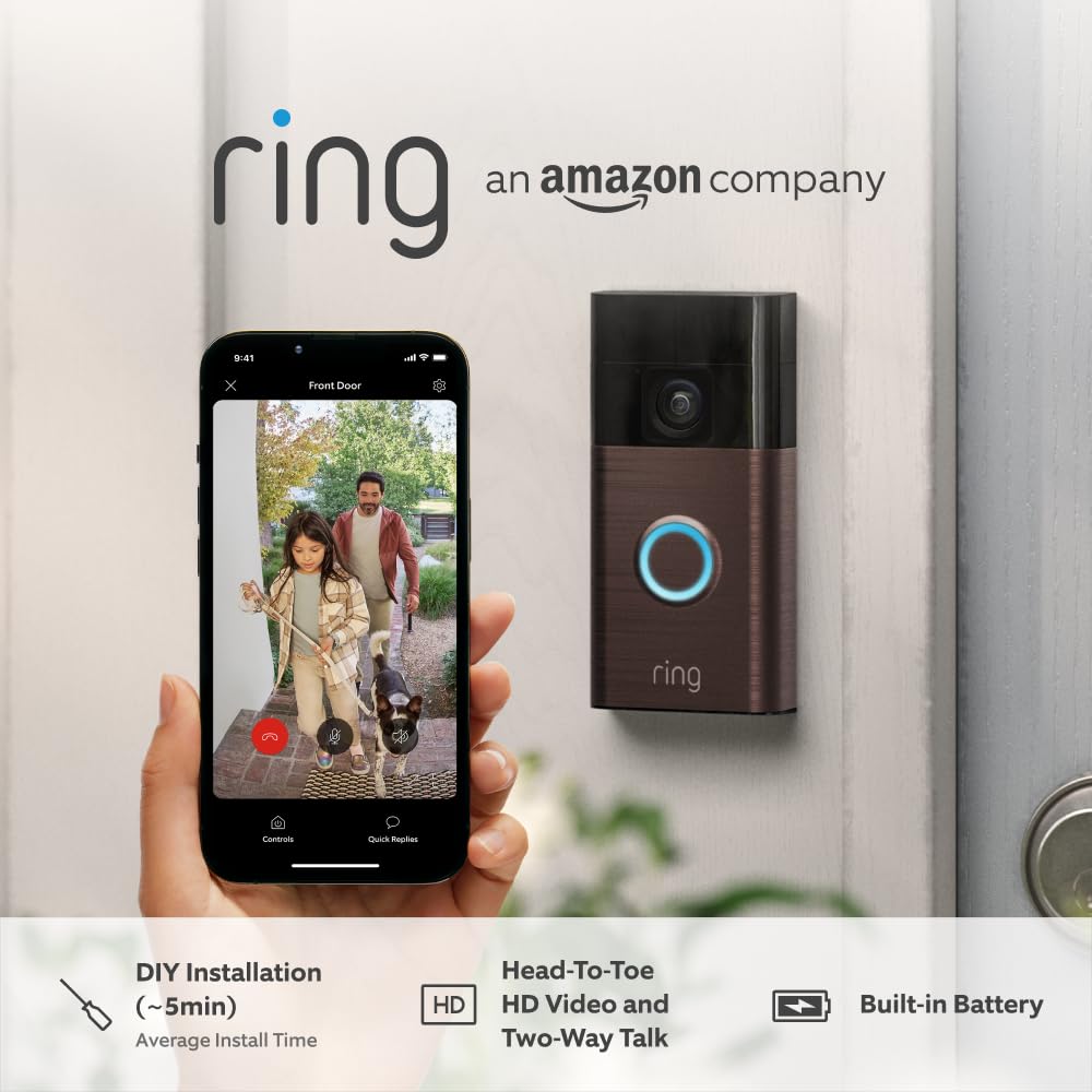 Ring Battery Video Doorbell | DIY Wireless Video Doorbell Camera with Head-To-Toe View, HD Video, With Built-in Battery | Easy to install (5min) | 30-day free trial of Ring Home - Venetian Bronze