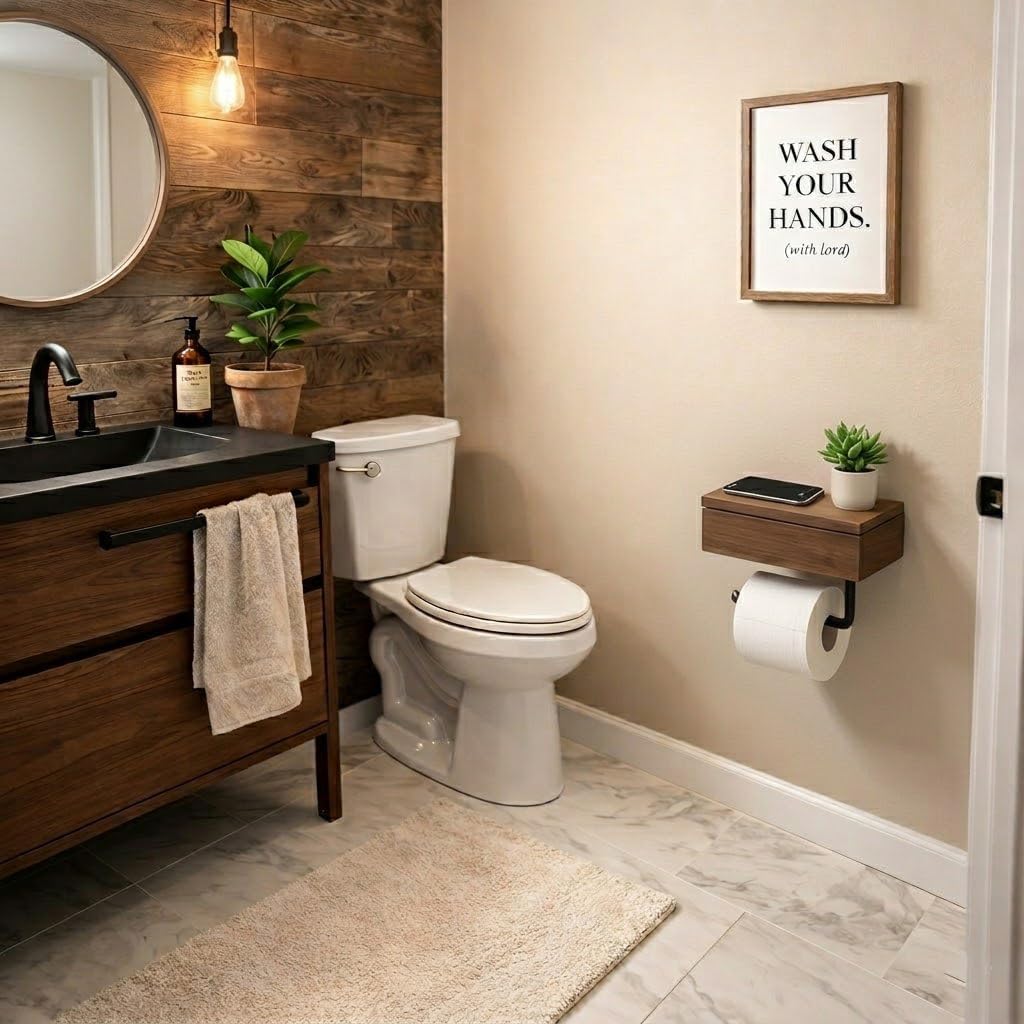 Acacia Wood Toilet Paper Holder with Shelf, Wall Mounted Toilet Paper and Wipes Holder with Storage Box, Bathroom Tissue Holder with Phone Shelf for Bathroom, Restroom, RV image 3