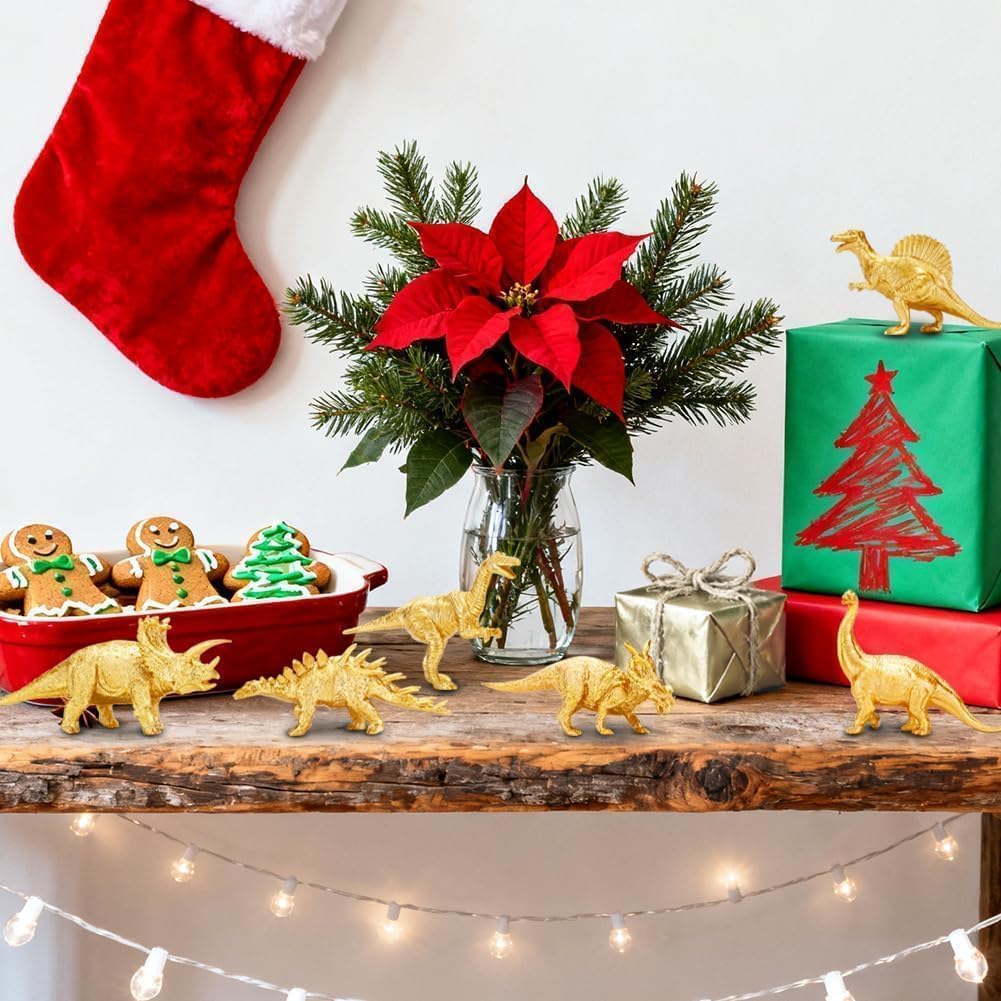 BOLZRA Metallic Gold Plastic Dinosaurs Figurine Toys, 12PCS Golden Dinosaur Figures for Boys Girls, Baby Shower, Bridal Shower Decorations, Kids Dino Themed Birthday Party Supplies Cake Topper