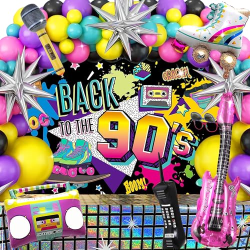 90s Party Decorations, 90s Theme Birthday Party Supplies Includes Backdrop, Inflatable Boom Box, Mobile Phone& Guitar, Disco Ball Balloons, Tablecloth, Balloon Arch Kit