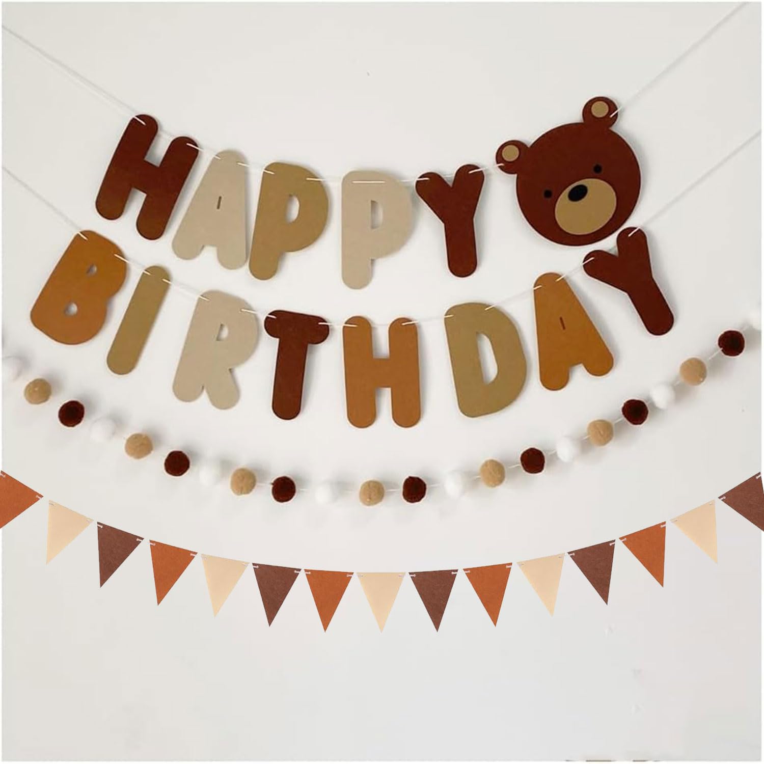 Srvauyea Happy Birthday Banner Brown Bear,Birthday Party Decoration,Bear Theme Party Banner,Cute Pom Pom Garland, Felt Fabric Party Decorations,for Baby Shower Party Decorations.