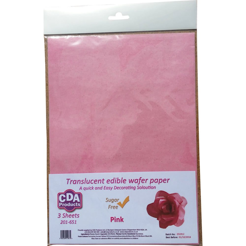 Pack of 3 A4 Edible Wafer Paper (Rice Paper) Sheets in Translucent Pink by CDA Products 201-651