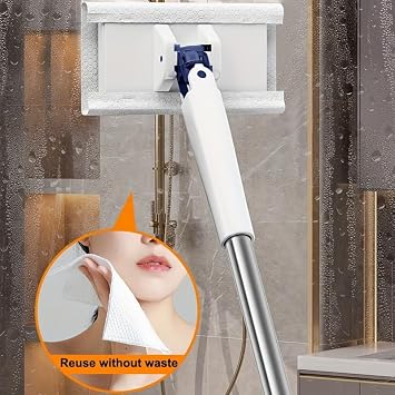 Disposable Mop, No Wash Mop with 20 Reusable Cloths, Automatic Gripping Disposable Dust Mop for Dry Wet Disposable Pads for Kitchen Wall Bathroom Toilet Corners, White