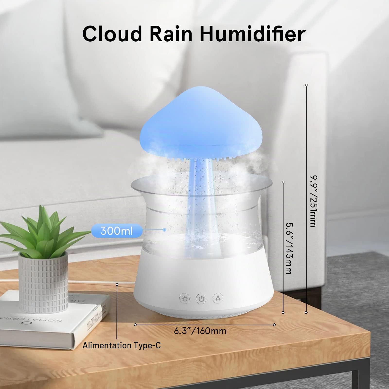 Towwoo 3 en 1 Humidificateur Nuage de Pluie, Diffuseur d'huiles Essentielles d'aromathérapie, Aromathérapie Veilleuse avec 7 Couleurs Changeantes Lumières Son et 3 Modes Brume de Pluie