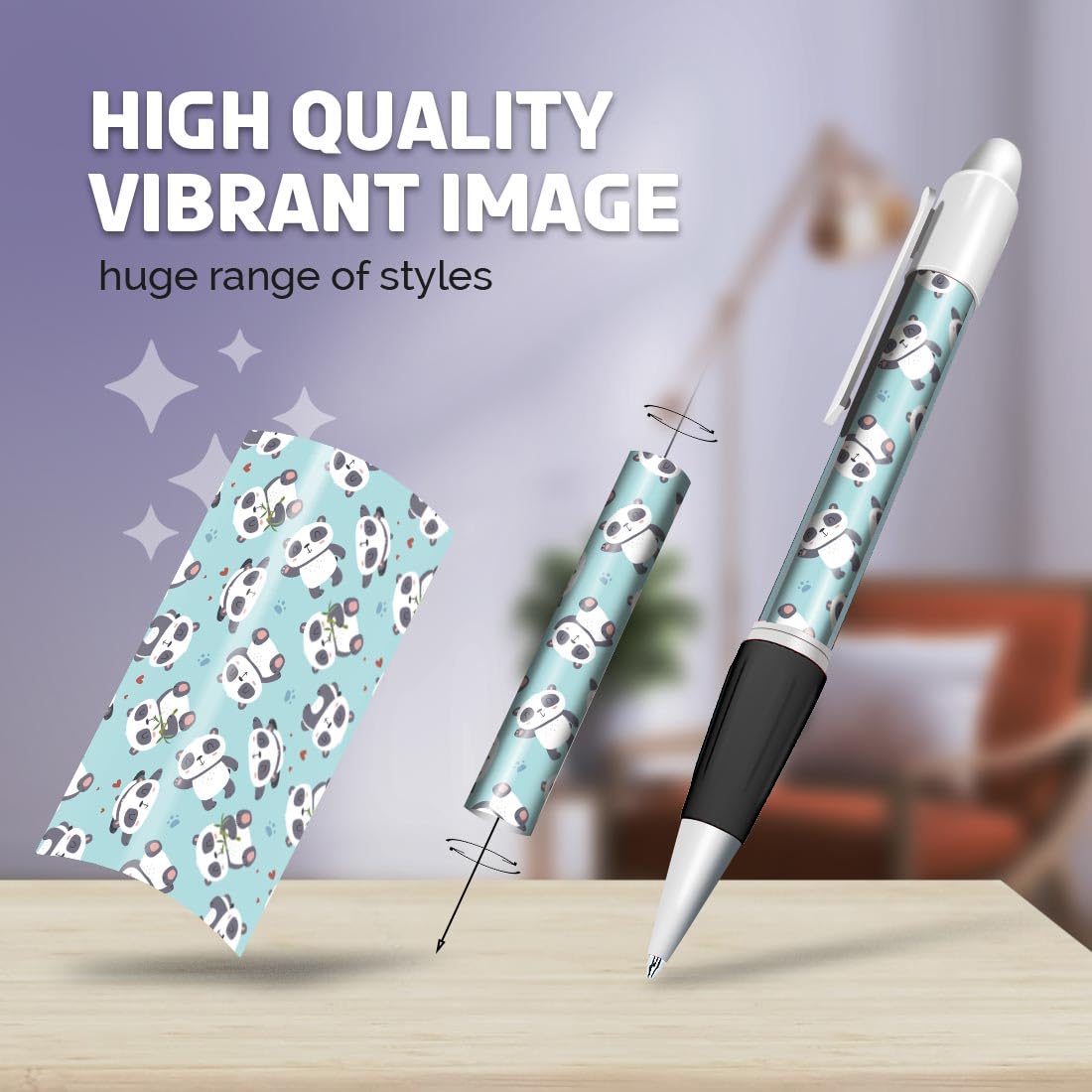 Set of 4 White Ballpoint Pens (Photo Insert) - Lazy Panda Bear Pattern Cute Animal - Soft Feel Finger Grip #53031 - Image 2