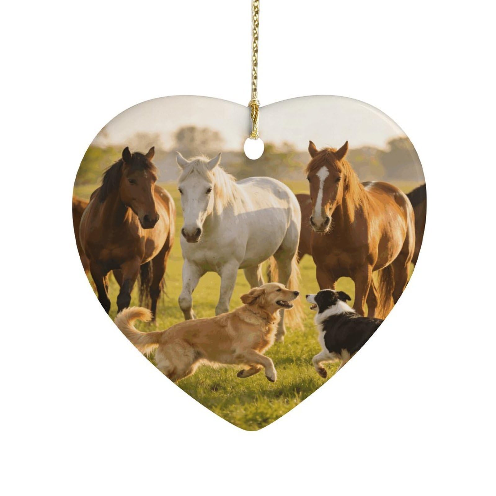 Khauerbc Style Horses And Dogsheart Shaped Ceramic Ornament With String,Ceramic Ornament,Two-Sided Printed For Christmas Tree And Holiday Decoration
