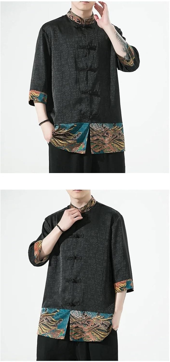 Chinese Style Tang Suit Top Shirt Retro Patchwork Print Blouse Button Up Hanfu Summer Loose Satin Coat