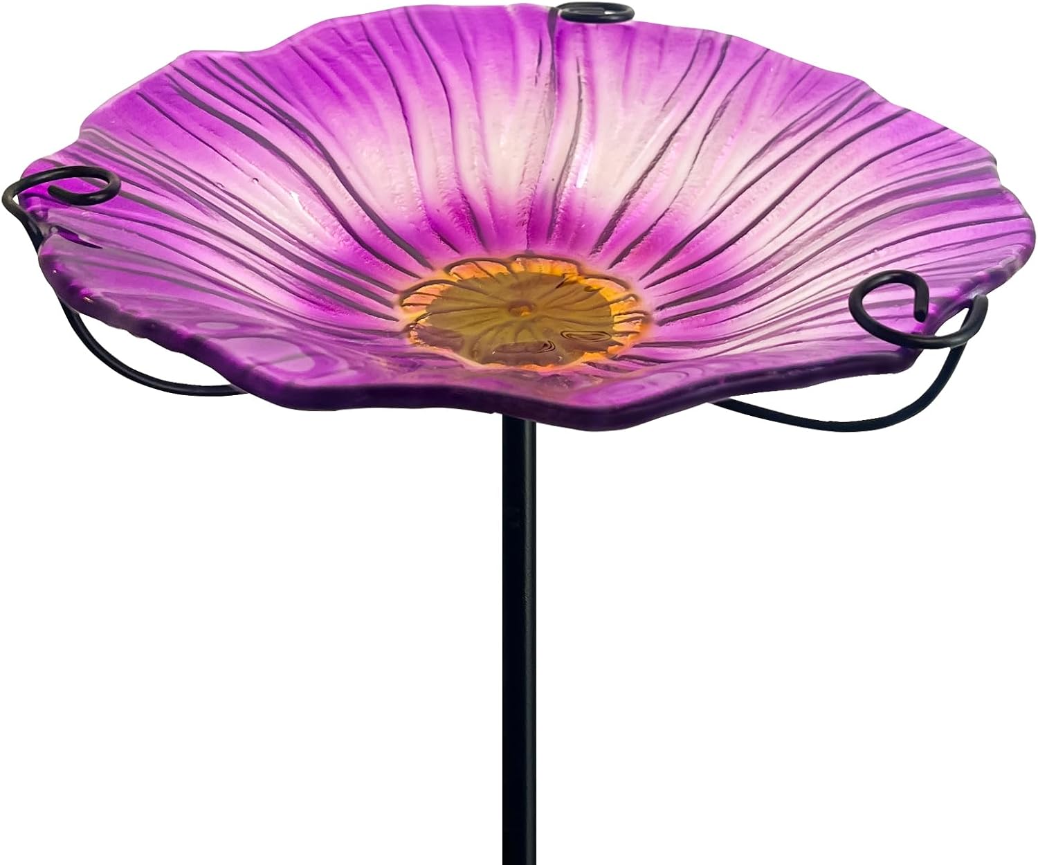 HONGLAND 29 Inch Height Bird Baths for Outdoors, Glass Birdbaths Outdoor Birdfeeder Flower Pattern with Metal Stake-Purple