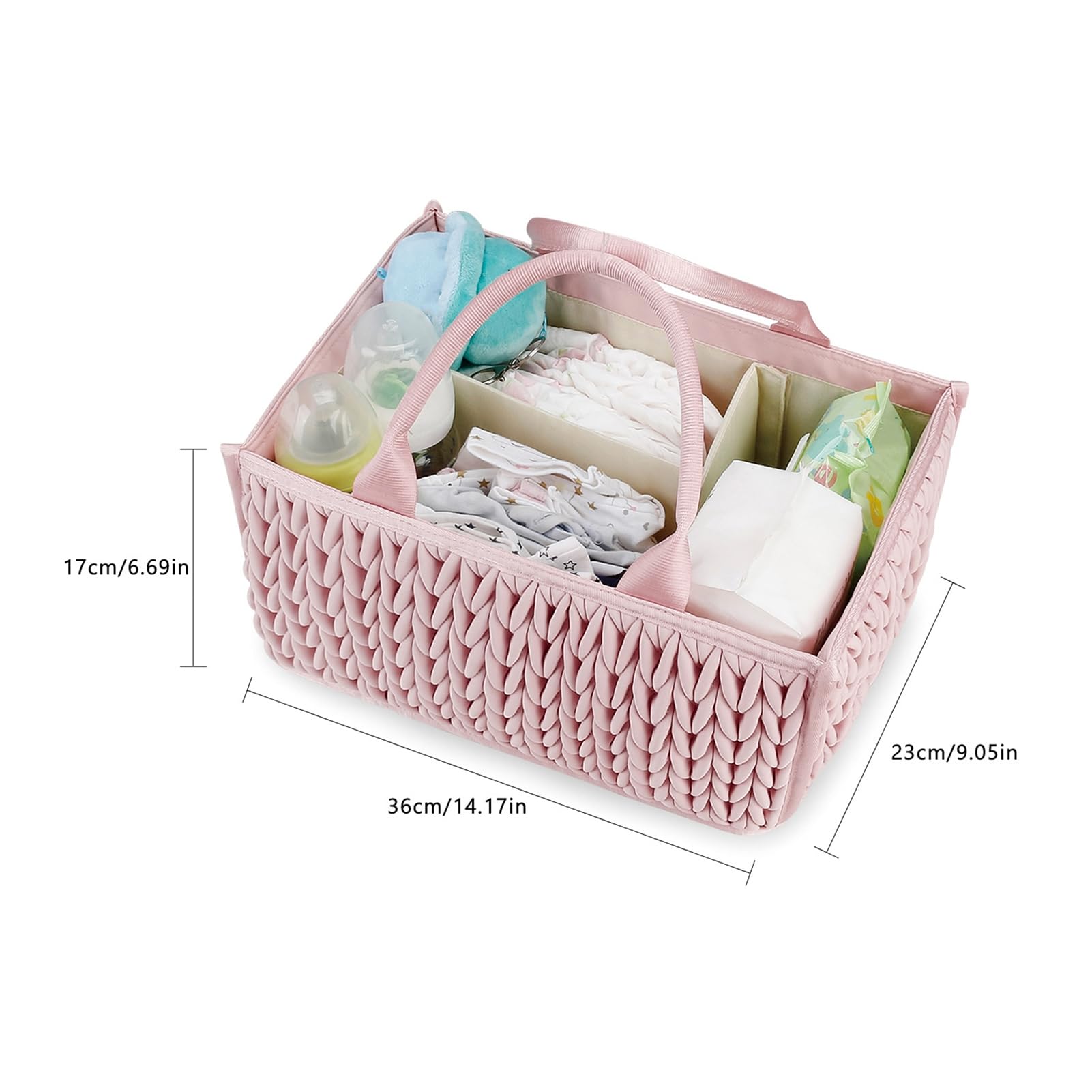 Organizador trenzado acolchado para pañales, cesta de almacenamiento para guardería con compartimento, asa portátil, toallitas para bebé, bolsa de pañales