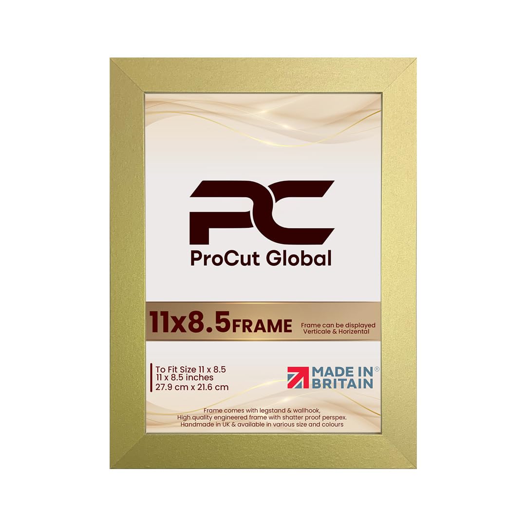 Procut Global 11X8.5 Gold Picture Frames - Modern Wooden Photo Frame with Shatterproof Perspex for Wall or Tabletop - Perfect for Posters, Certificates, Prints - Sizes & Colors Available