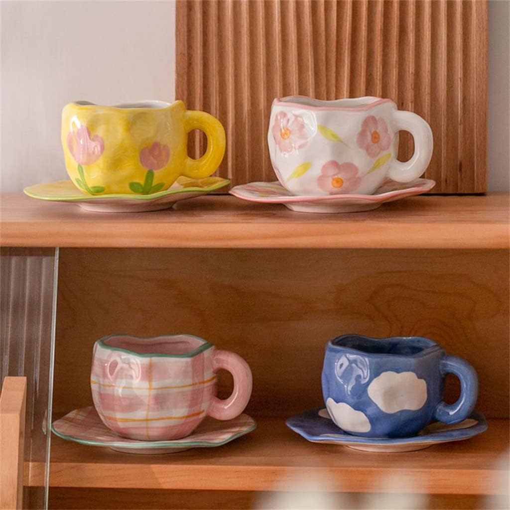 Hand Painted The Sky and White Clouds Coffee Cup With Saucer Ceramic Handmade Tea Set For Her(Black)