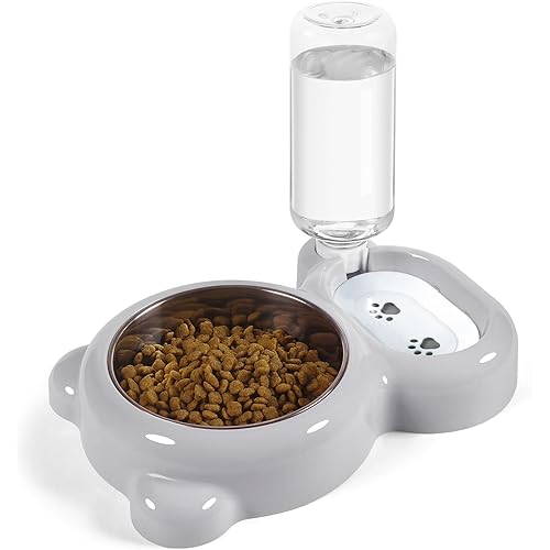 Azwraith Dog Bowls, Cat Food and Water Bowl Set with Water Dispenser and Stainless Steel Bowl for Cats and Small Dogs - Grey