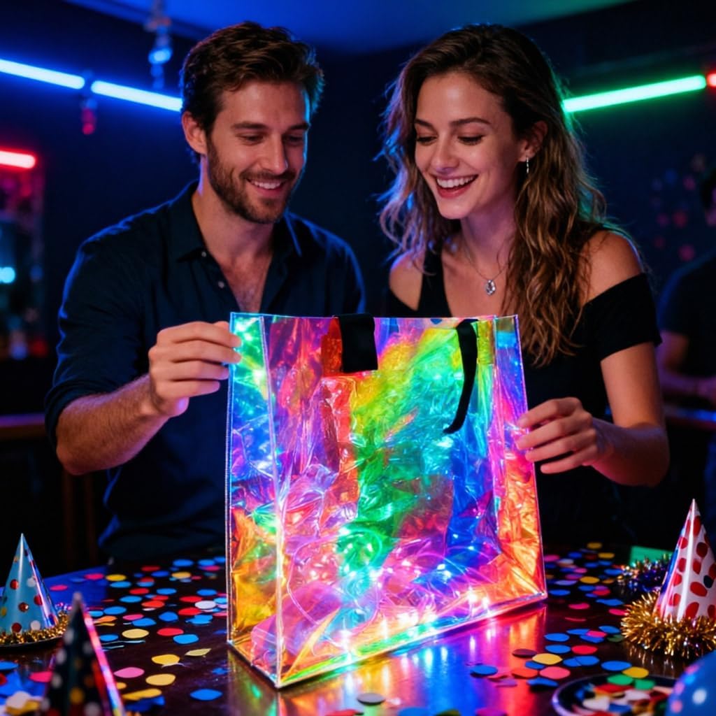 LED Light Up Gift Bag, 7-Color Glowing Reusable Party Bag for Birthday, Wedding, Christmas & Celebrations (Lighted Gift Bag)