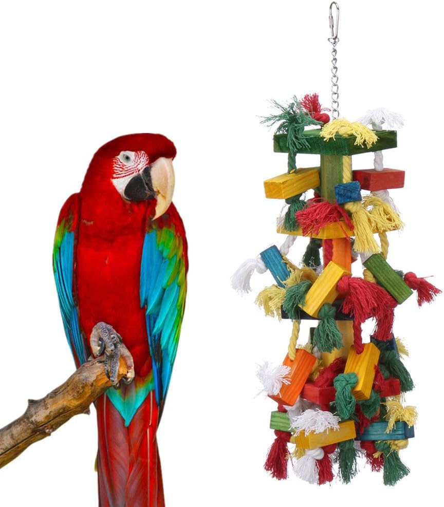 Parrot Toy,Pure Natural Colorful Knot and Block Rainbow Chewing Hanging Toy