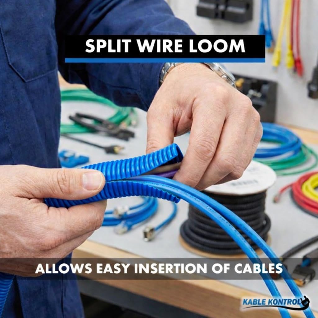 Kable Kontrol Colored Split Wire Loom Tubing 1" Inch 25 Feet Long - Blue Conduit Cover for Cords - Corrugated Tubing and Protector for Automotive - Durable Polyethylene