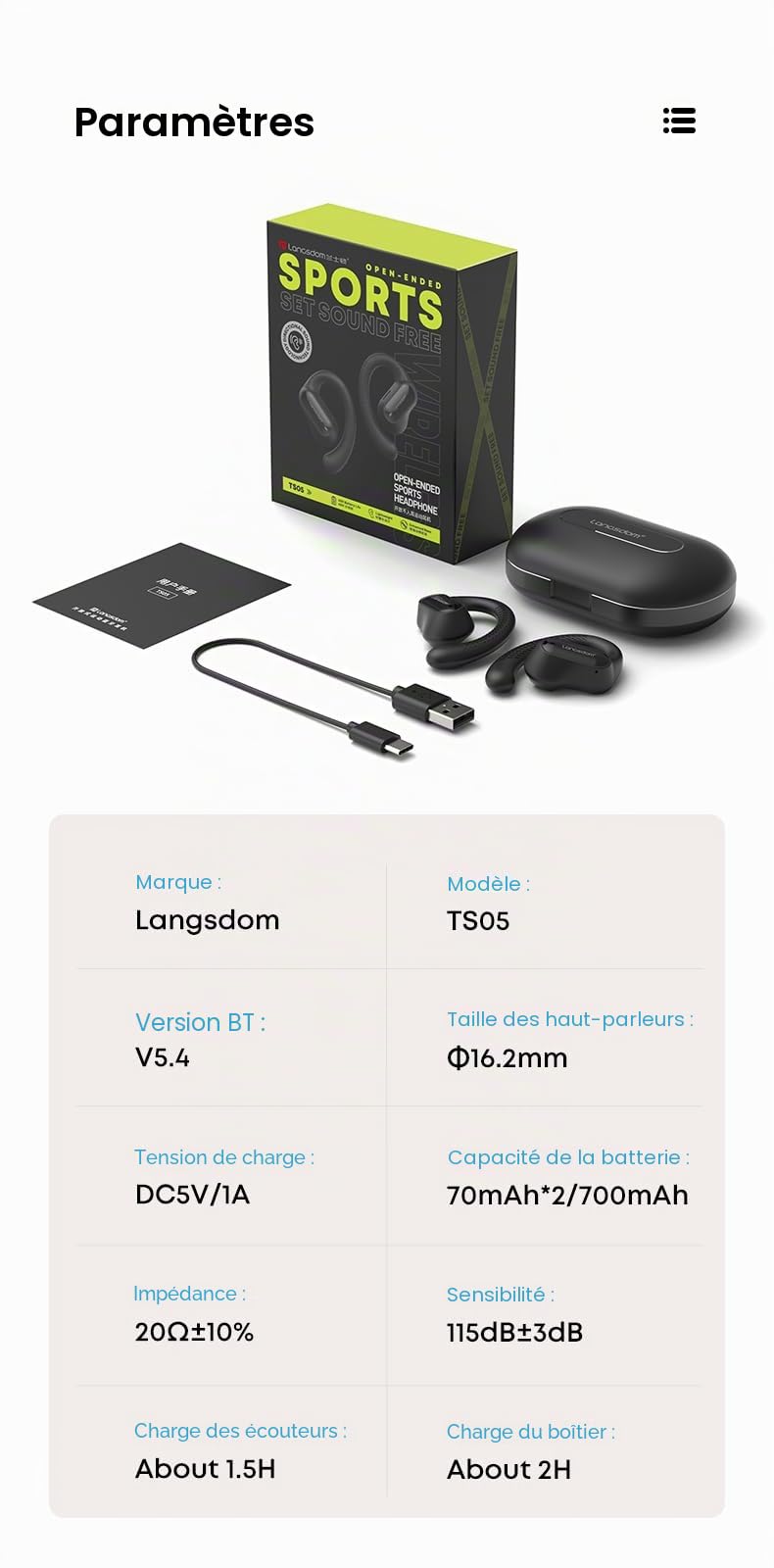 Écouteurs sans Fil Bluetooth 5.4 – Autonomie 40H, Écran LED, ENC Double Micro, Son Puissant 16.2mm, IPX5 Étanche, Design Ouvert, Commandes Tactiles, Confort Longue Durée - Noir