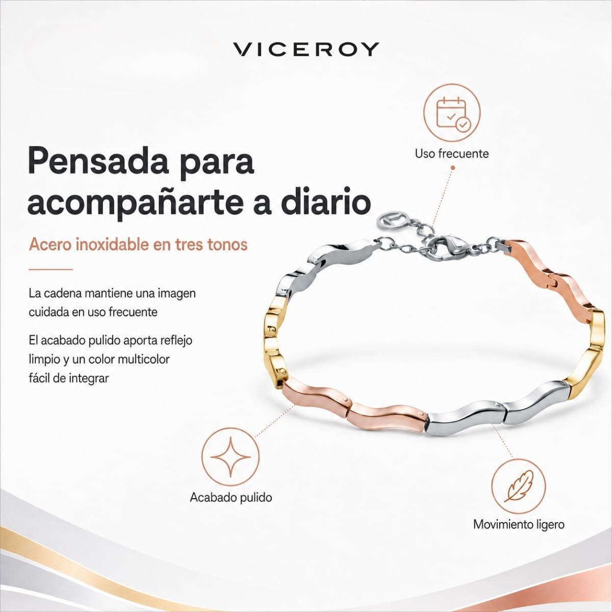 Viceroy Pulsera Air de Eslabones para Mujer de Acero Inoxidable en Tres Tonos - Diseño de Ondas en Dorado y Rosado - Ajustable