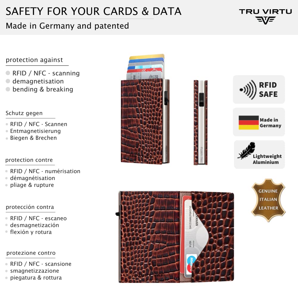 Tru Virtu® Karten-Portemonnaie Click & Slide I Kreditkartenetui I Kartenetui-RFID-NFC-Schutz I Geldbörse aus echtem italienischen Leder I Geldbeutel I Slim Wallet (Sleek Croco Brown/Silver)