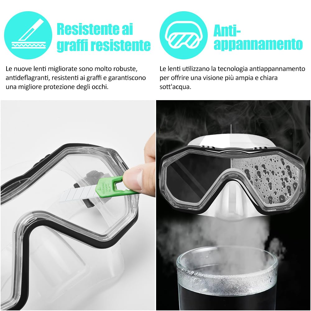 Set per Snorkeling Adulti con Maschera e Silicone Boccaglio,Lente PC Maschera Subacquea,180°Maschere Immersione,Anti-Fog Anti-Perdite Kit Snorkeling Giovani Adulto Donna Uomo