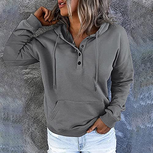 Tifzhadiao Womens 2022 Hooded Button Collar Drawstring Hoodies Casual Hooded Sweatshirt Fall Long Sleeve Pullover Tops With Pocket #TOP2