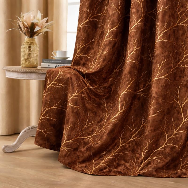 Image of Velvet 9 Feet Blackout Curtain Panels, 70% Light-Blocking Heavy Thermal Insulated Drapes (2 Panels, 274x121 cm, Coffee)