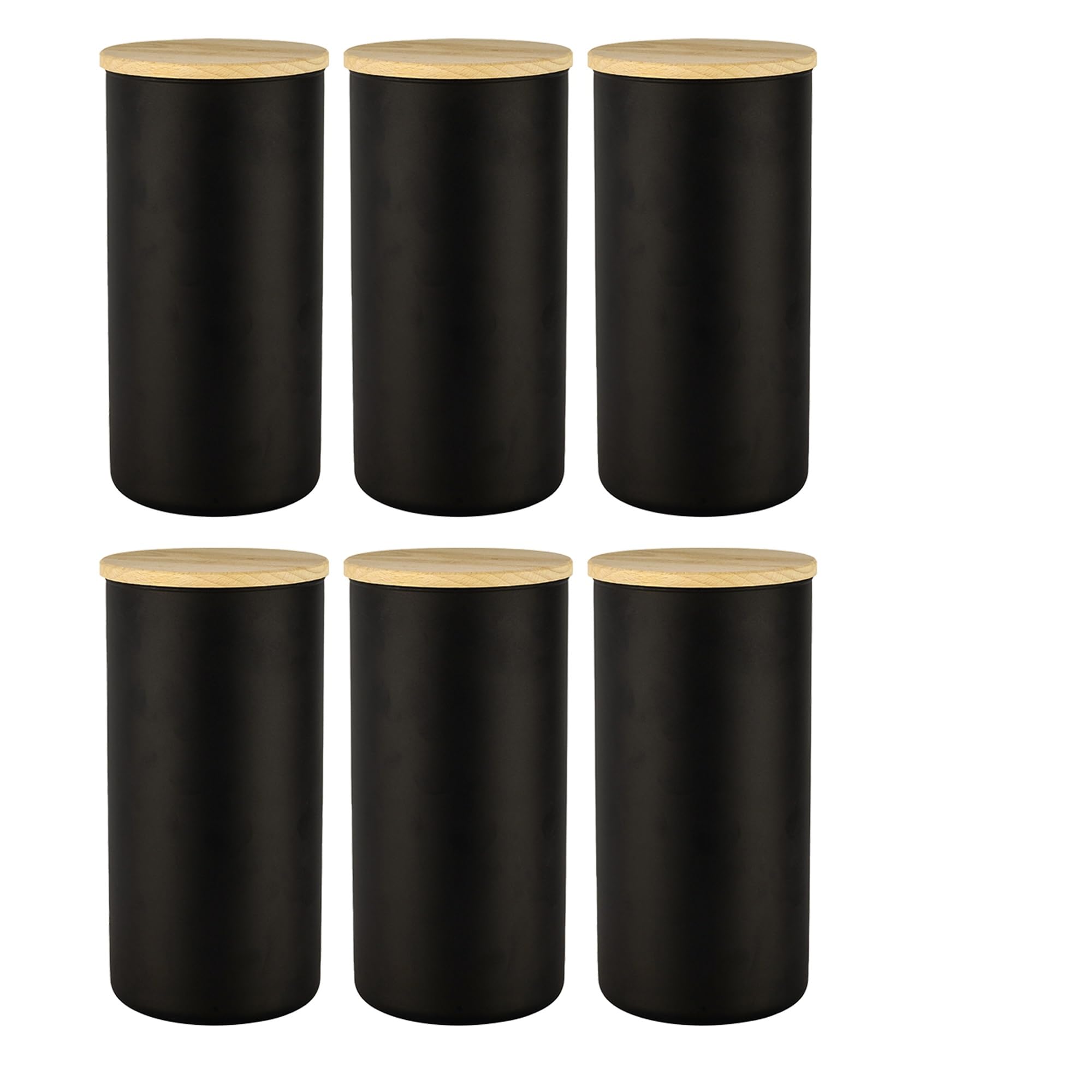 TREND FOR HOME 6 Schwarze Vorratsdosen Glas mit Deckel aus Holz Luftdicht 1385 ml/46.8oz Glasbehälter Vorratsgläser Set Tee Müsli Aufbewahrung Kaffeebohnen Behälter Gewürzgläser Eco Storage