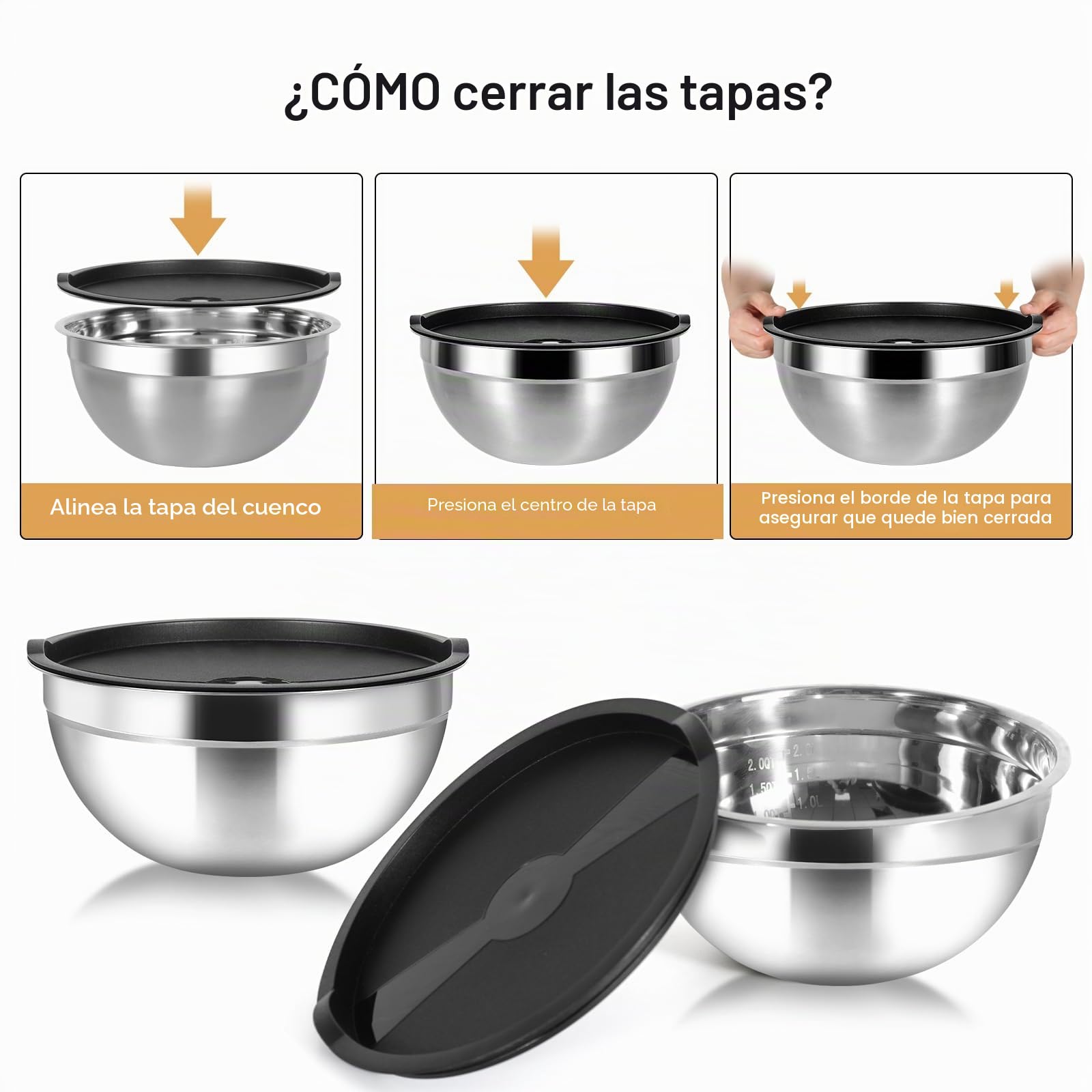 Cinnani 7 Juego de Acero Inoxidable Cuencos mezcladores, Ensaladera, Cuenco Comida, Cuenco de Cocina, Tazón de Cocina Multifuncional con Tapa Hermética