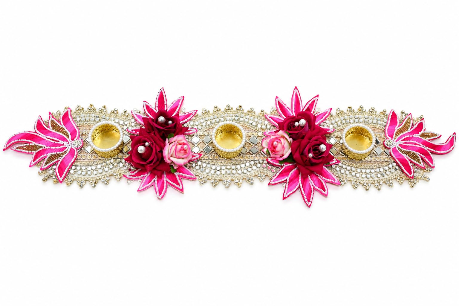 Decorative Tealight Candle Holder Table Runner for Home Decor – Handcrafted Floral Diya Stand with Mirror Work and Pearls for Diwali, Pooja, and Festive Gifting (64 cm) (Pink)-image-23