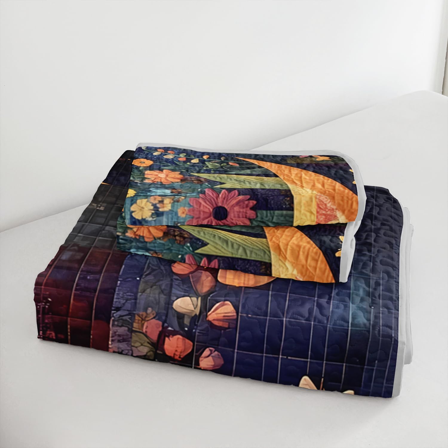 HOSIMA Cute Cat Quilt Set King Size,Cat Sitting on Moon Surrounded by Colorful Butterflies Flowers,Aesthetic Pattern Lightweight Summer Quilt for Kids Girls Room Decor with 2 Pillowcases.