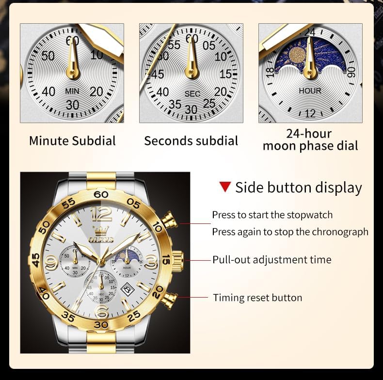 OLEVS Watch Men Luxury Big Wrist Face Analog Quartz Mens Watches Stainless Steel Waterproof Luminous Date Dress Chronograph Moon Phase Relojes para Hombres - Image 4
