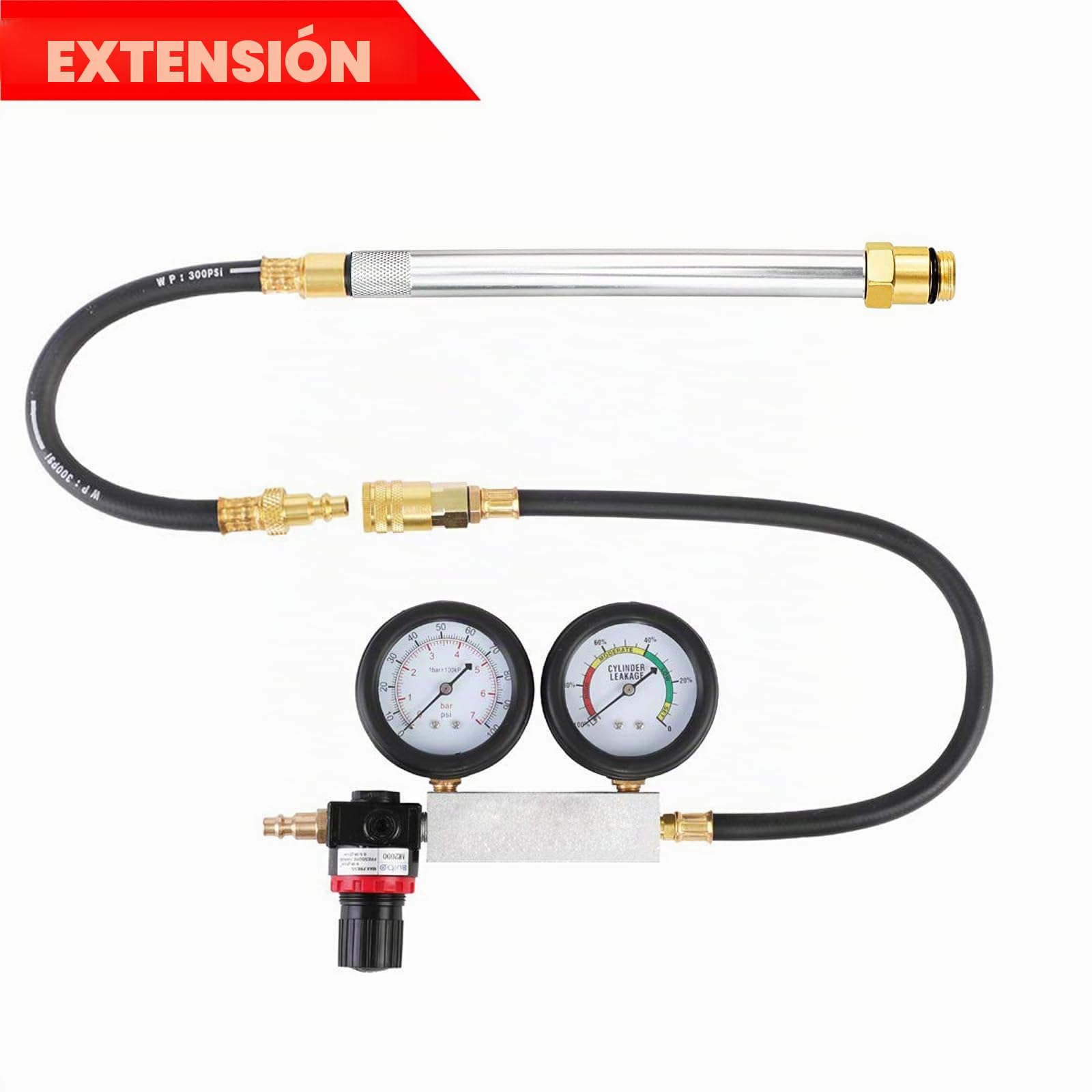 Kit de prueba de fugas en cilindros para motor a gasolina, con medidor de compresión y doble manómetro para verificar presión y tasa de fuga, incluye varilla de extensión