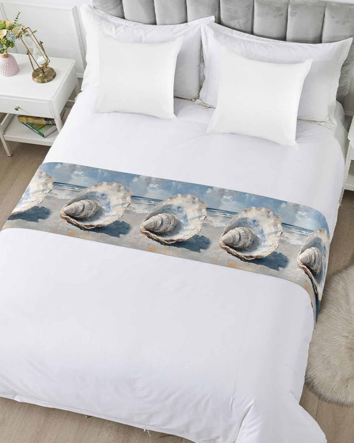 Coastal Seashells Bed Runner for Full/Queen Size, Modern Abstract Simple Oil Painting Bedspread Protector Slipcover Bed Scarf for Foot Runners & Scarves for Bedroom Hotel Wedding Room 83x20 Inches