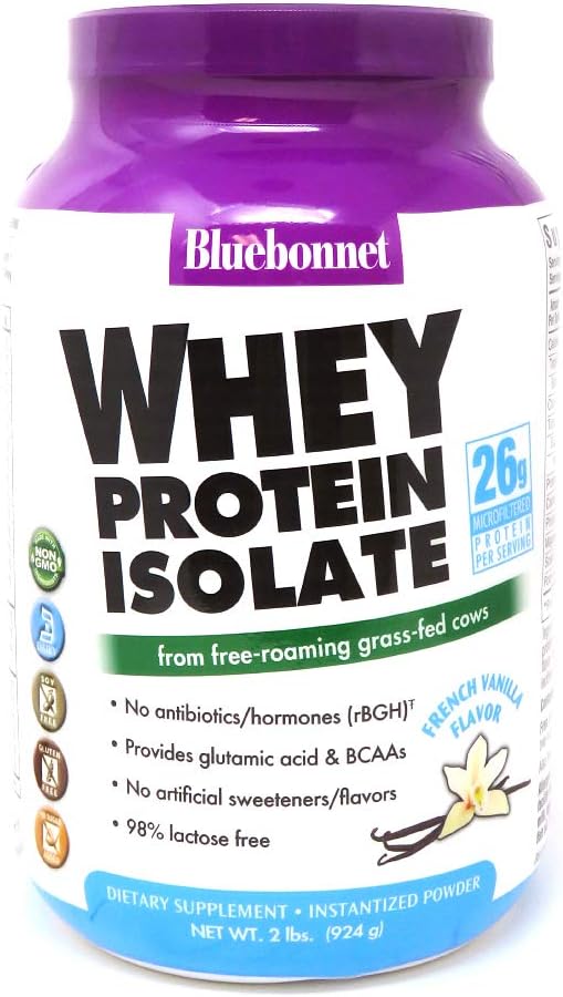 BlueBonnet Nutrition Whey Protein Isolate Powder From Grass Fed Cows, 26g of Protein, No Sugar Added, Gluten & Soy free, kosher Dairy, 2 Lbs, 28 Servings, French Vanilla Flavor
