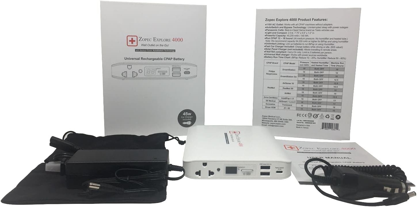 Zopec EXPLORE 4000 with included accessories: AC adapter, car charger, and carrying pouch.