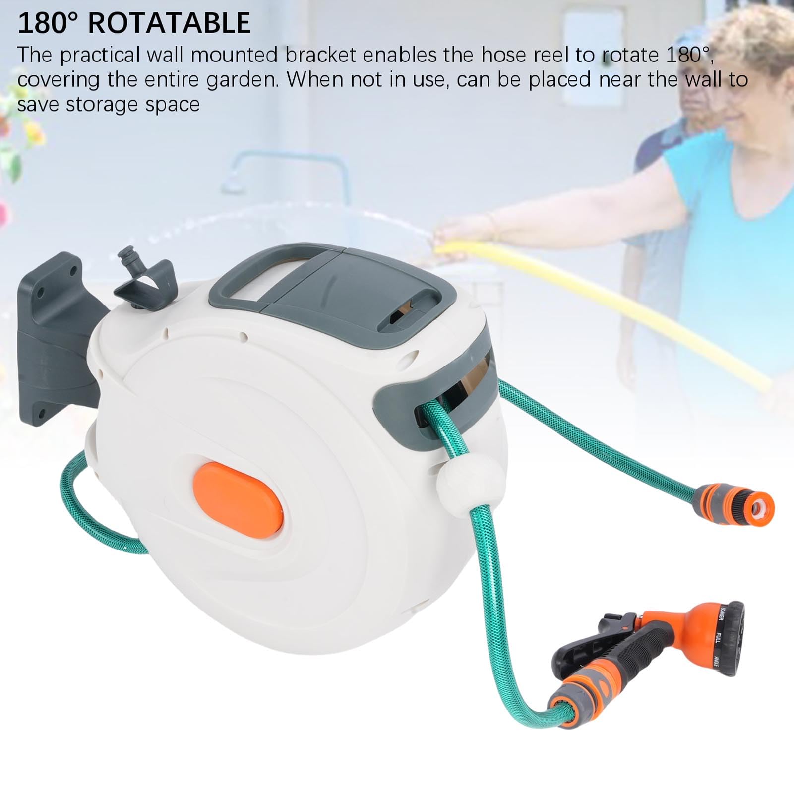 Carrete Retráctil para Manguera de Jardín, Soporte de Pared ABS de 10m con Soporte Giratorio de 180 Grados, Conectores de Latón para Lavado de Coches y Riego de Jardines