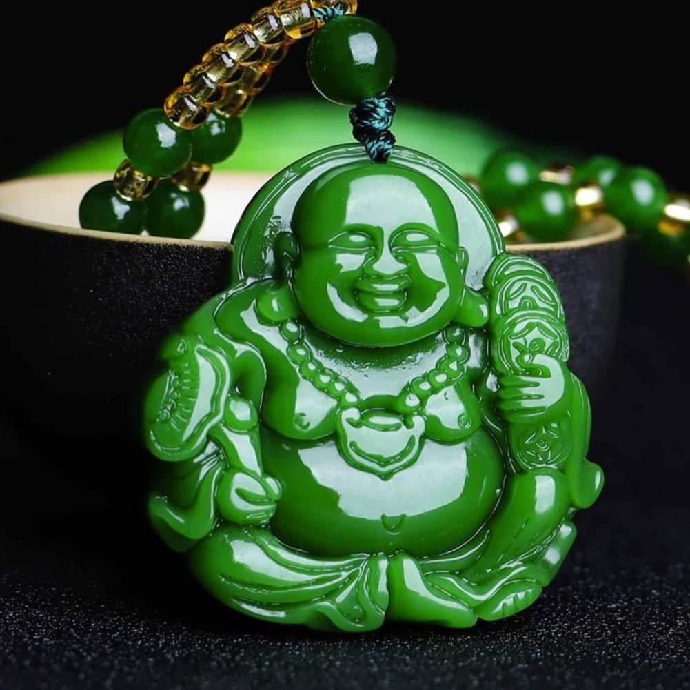 Chinese Green Jade Maitreya Buddha Pendant Necklace Charm Jadeite Jewelry Carved Amulet Fashion Accessories Gifts for Women Men