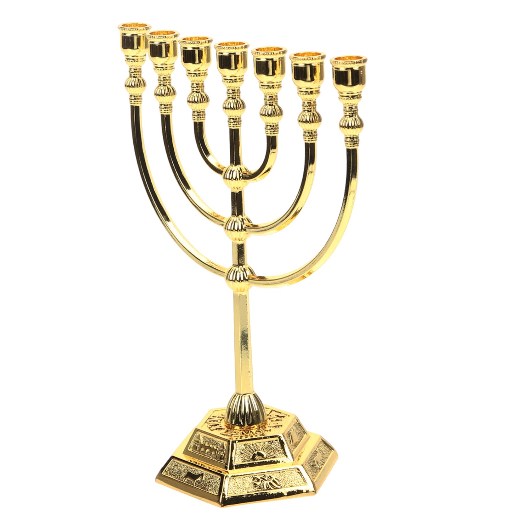 Ornamento Portacandele Ebraico Menorah a 7 Braccia in Metallo Dorato, Decorazione Da Tavolo Vintage 17x13,5 Cm Per Casa, Ufficio e Ristorante