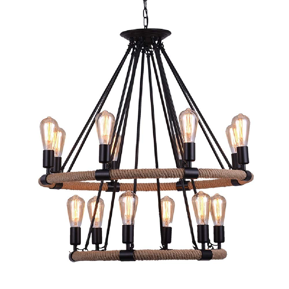 Lustre plafonnier 14 lumières en corde de chanvre au design loft haut de gamme