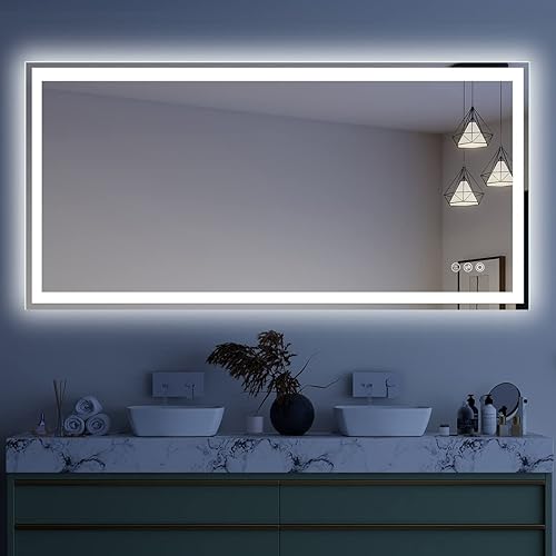 Espejo LED de baño de 72 x 36 pulgadas con luces, grandes espejos de pared regulables con antiempañamiento, a prueba de roturas, memoria, 3 colores,