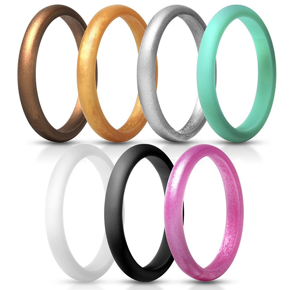 PAURO Thin and Stackable Pearlescent Silicone Wedding Band Ring for Active Women Flexible Safe 2.7mm Rubber Bands Sport Outdoor, 7 Pack Size K