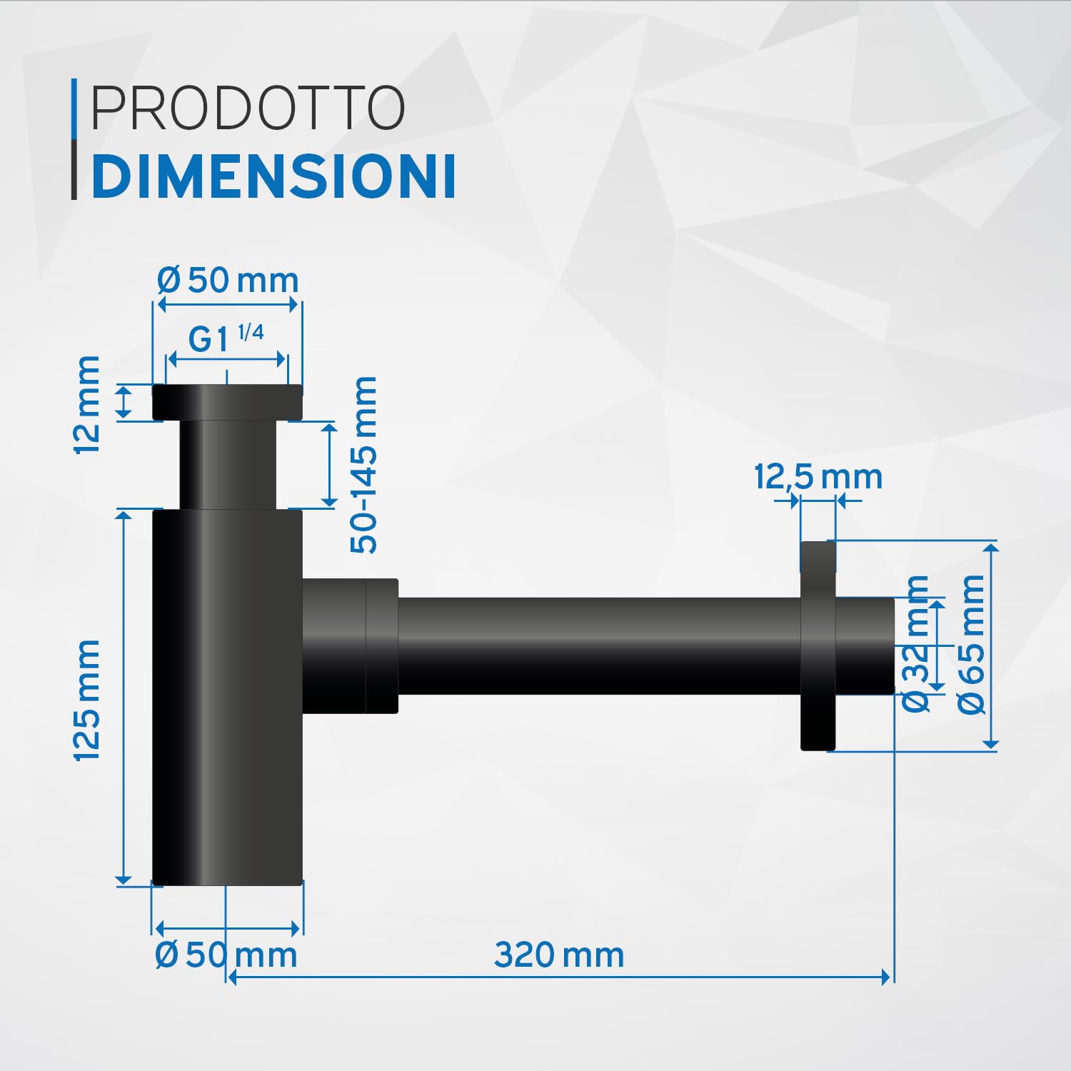 kör4u Sifone 1 1/4" x 32 mm, quadrato, nero opaco, con guarnizioni e rosetta