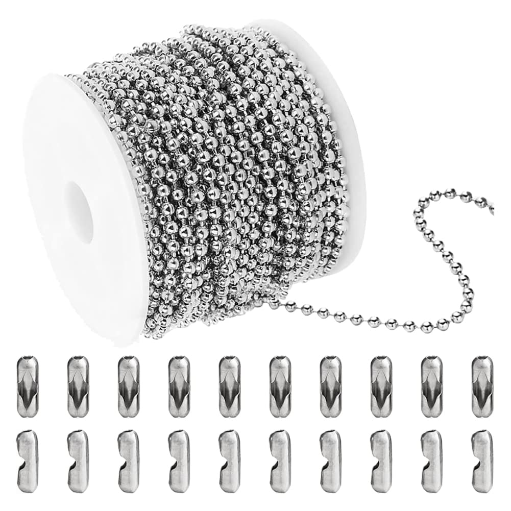 Hugede Silver 10M Stainless Steel Ball Chain Dog Tag Chain Ball Beaded Necklace Chains With 20 Pcs Matching Connectors Clasps For Jewelry Making 2Mm