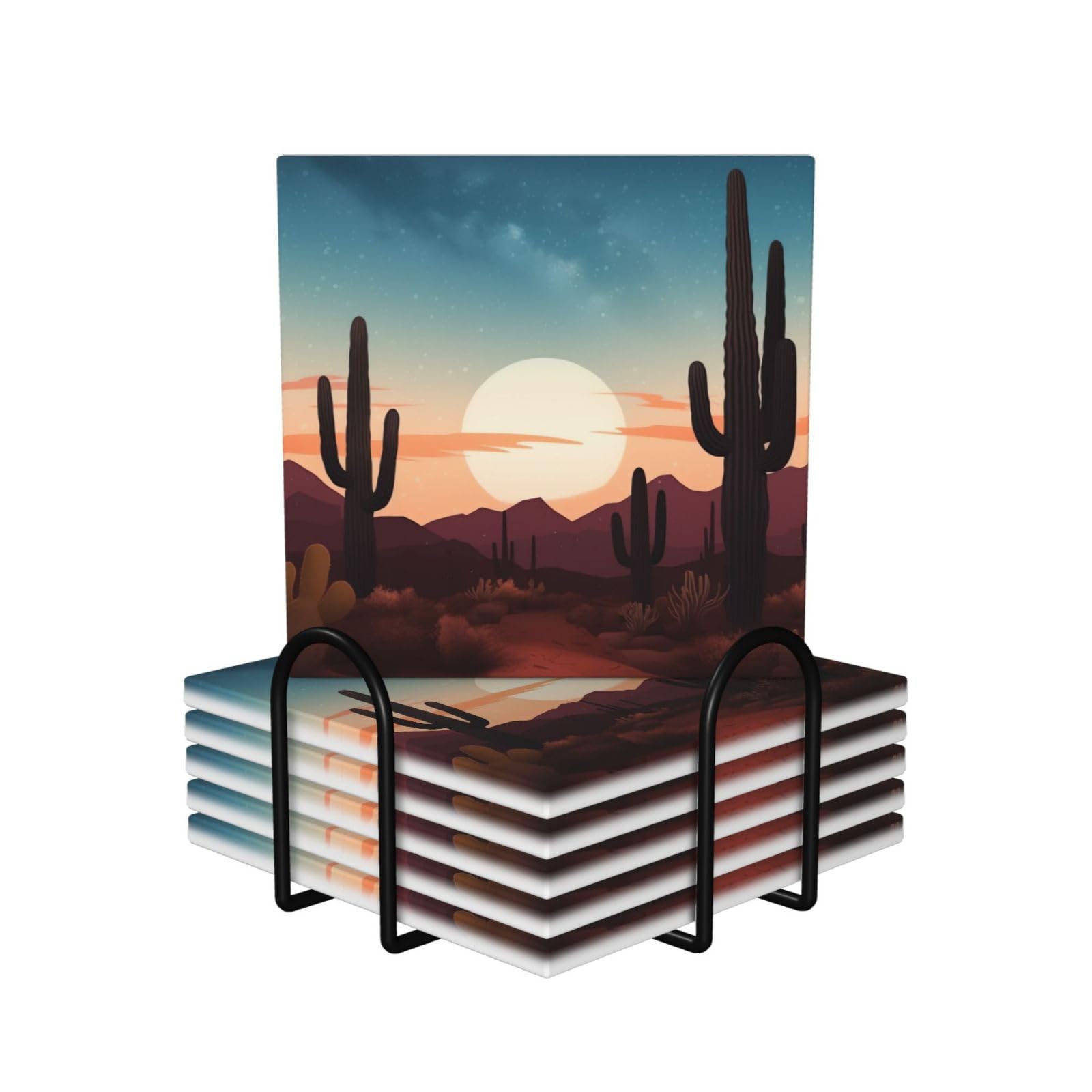 6Pcs Ceramics Coaster for Drinks, Desert with Cactus Cup Coasters with Holder, Aesthetic Drink Coasters for Coffee Table, Absorbent Round Coaster for Tabletop Protection 4" Cup Mat Pad