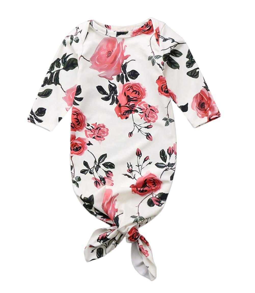 Baby Sleep Gown Newborn Floral Striped Long Sleeve Romper Knotted Sleepy Gown Swaddle Sleepwear Outfit (0-3 Months, C-White)