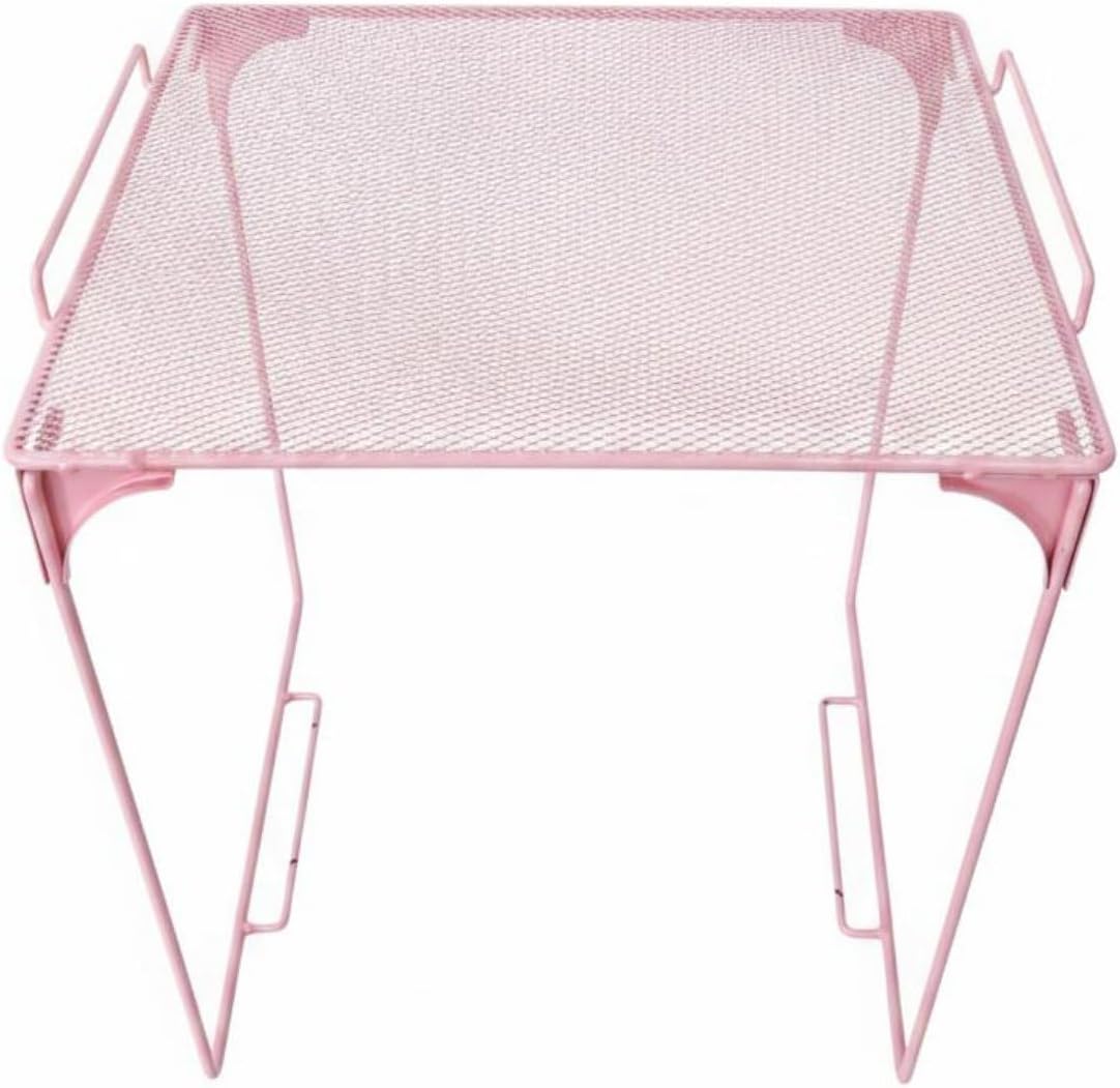 Yajuyi Foldable Storage Shelf Metal Wire Mesh Organizer Rack Stackable Display Shelf With Raised Frame For Small Electronics And Tools Suitable for home, Pink
