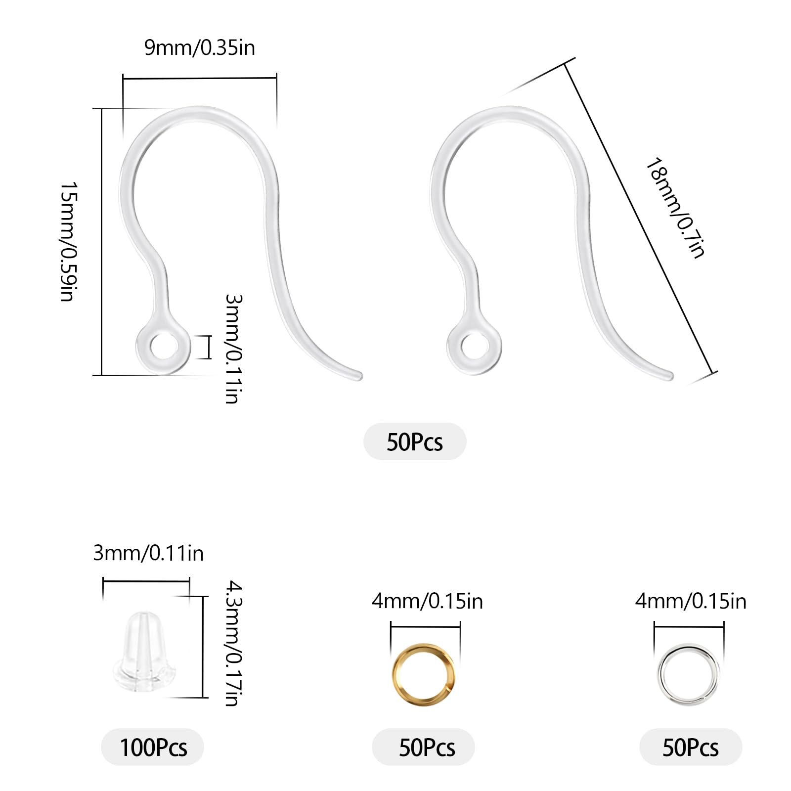 50 ganchos de plástico transparente para pendientes, aretes de plástico hipoalergénicos, aretes de plástico para orejas sensibles, componentes de aretes con ganchos para aretes para hacer joyas