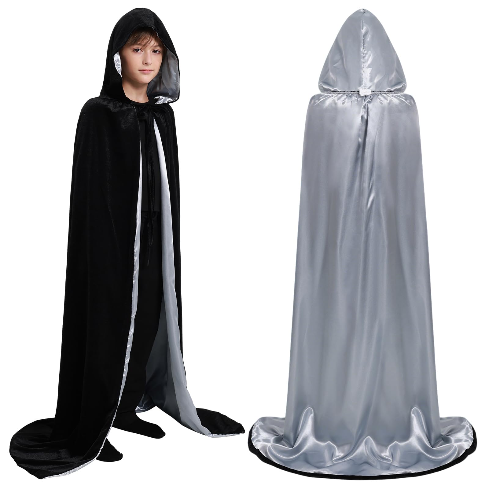 Valcatch Halloween Hooded Cloak Vampire Capes for Kids Adult, Unisex Reversible Velvet Satin Full Length Long Robes with Hood Fancy Dress Costume for Witch Masquerade Cosplay Party