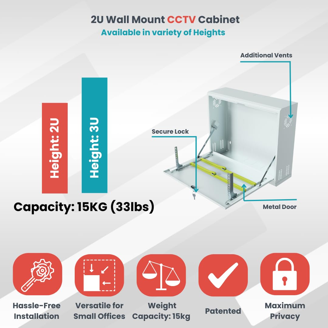 CCTV Armario Rack 19 Pulgadas 2U 130mm - Servidor Rack Fabricado en Metal Resistente - Bandeja Rack con Caja con Cerradura