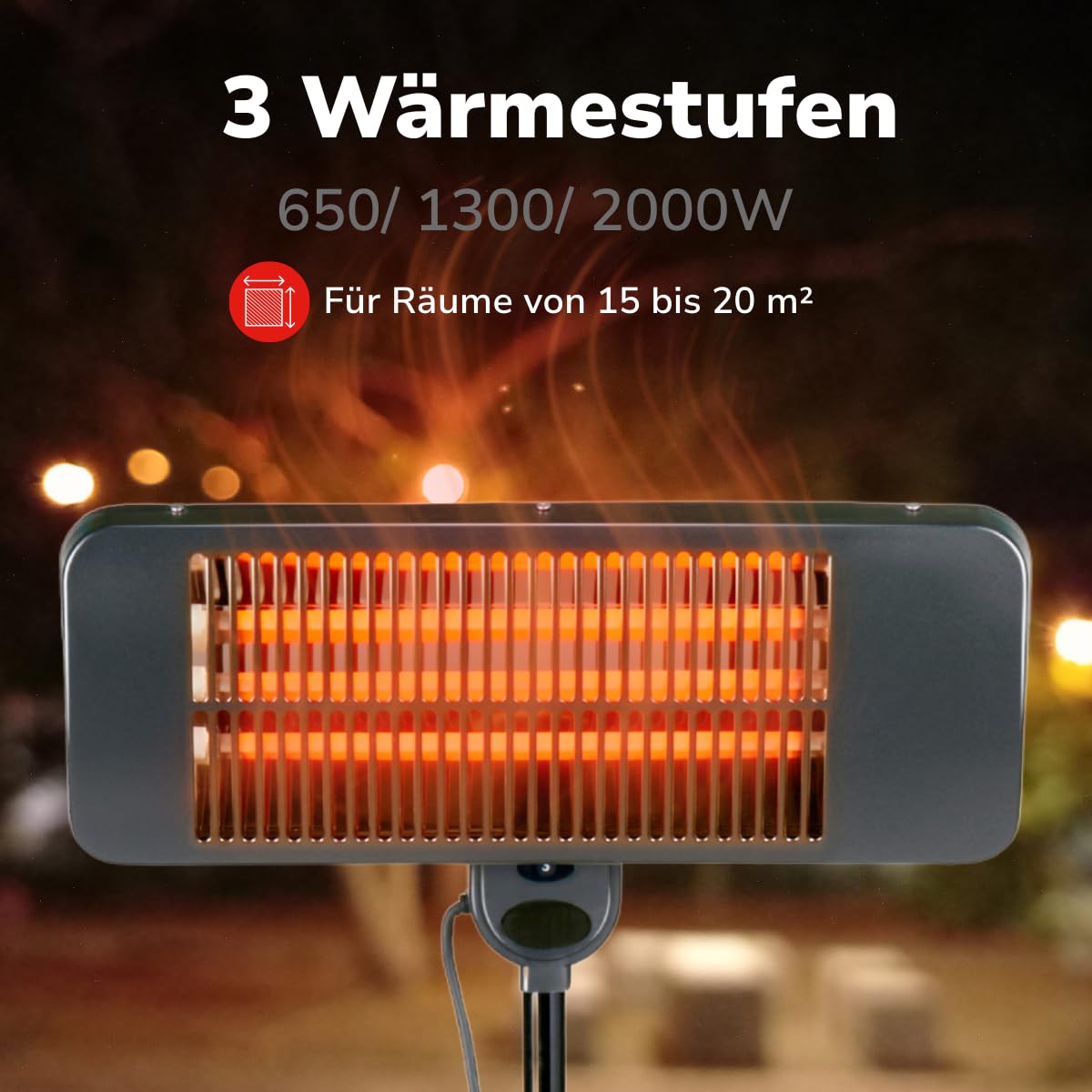 alpina Riscaldamento a infrarossi, riscaldatore per terrazze, 2000 W, 3 livelli di riscaldamento, resistente agli spruzzi, IP24, con lampada a infrarossi, riscaldatore per terrazze, radiatori