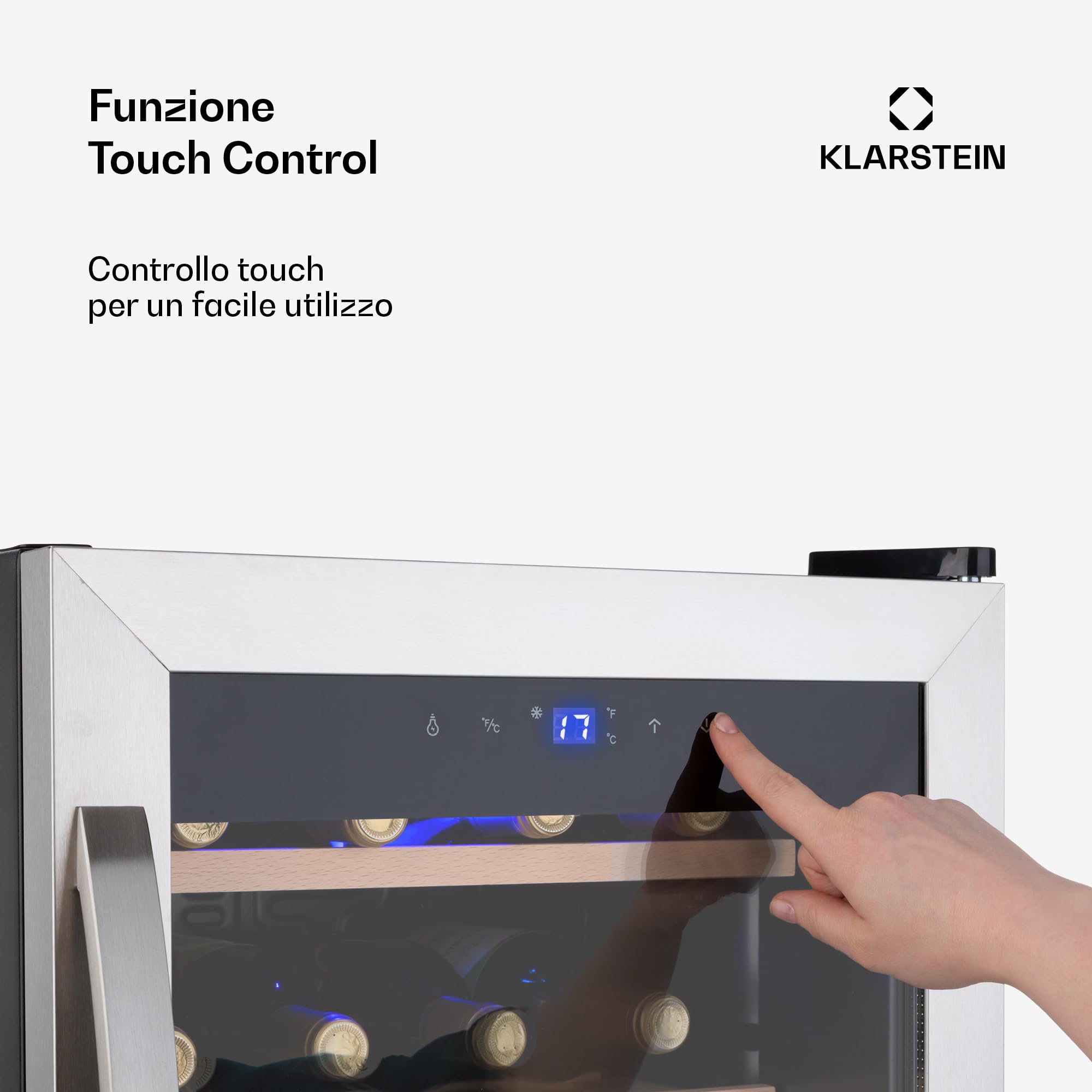 KLARSTEIN Cantinetta Vino, Cantinetta Vino Refrigerata a Zona Singola per Interno/Esterni, Frigo Bar, Cantina Vino con Vetrina, Mini Bar con Protezione UV, Frigo Vino Touch, 4-18°C, 12 Bottiglie